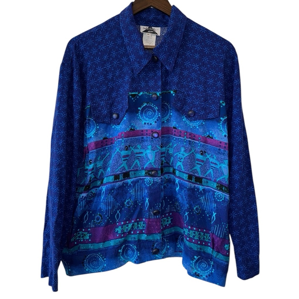 VTG Lindsey Scott Aztec Dancing Men Turtle Nautical Long Sleeve Celestial Sz XL